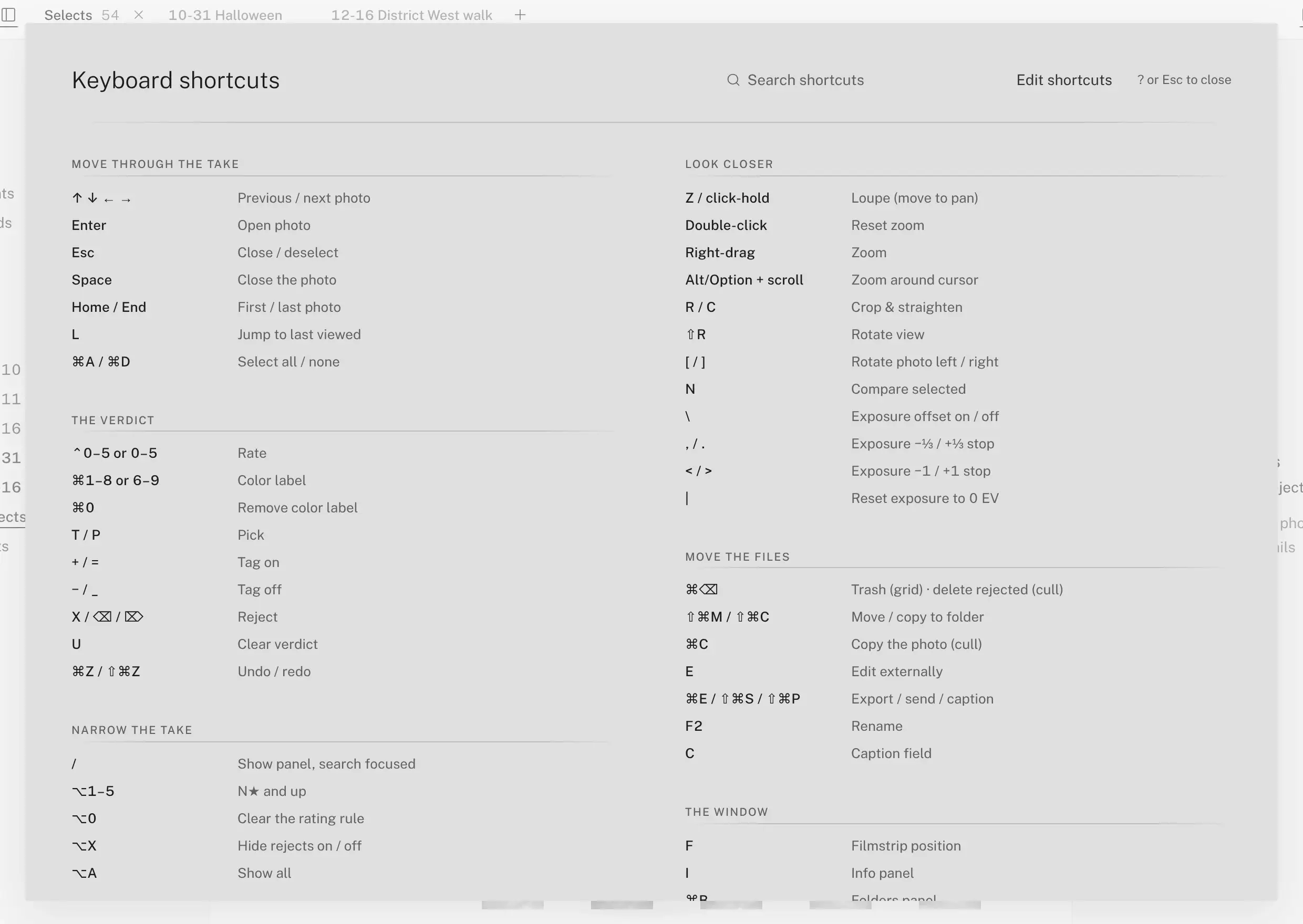 The full-window keyboard reference: sections for moving through the take, the verdict, narrowing the take, looking closer, moving the files and the window, each key in ink beside its action, with a search field and an Edit shortcuts control at the top.